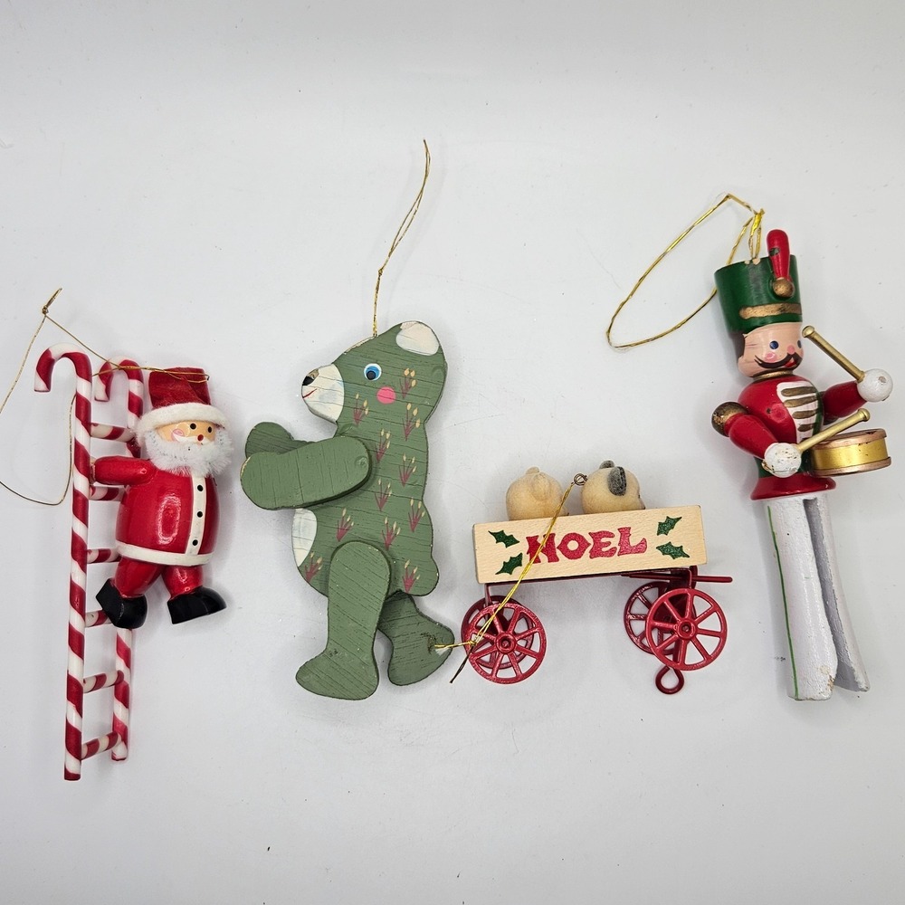 Vintage Wooden Christmas Ornaments Lot Santa Bear Wagon Noel Nutcracker Mini